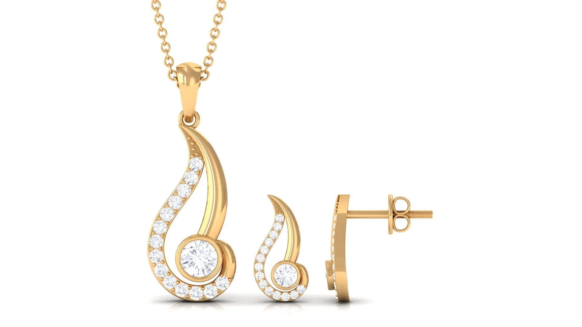 1 CT Zircon Modern Leaf Pendant and Earrings Set in Gold