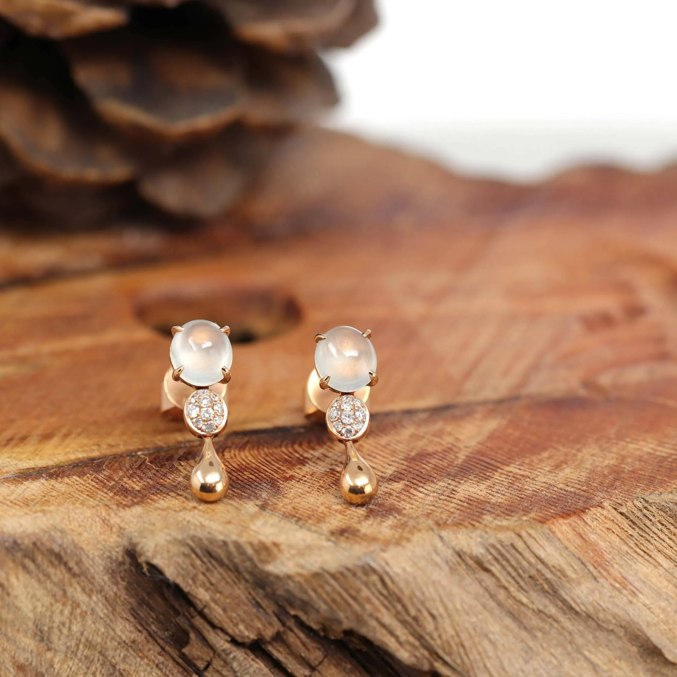 18k Rose Gold Genuine Ice Jadeite Jade Earrings With Diamonds