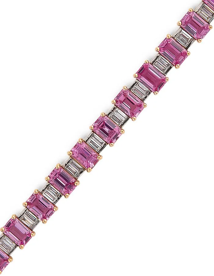 18k White Gold, Emerald Cut Pink Sapphire and Diamond Bracelet