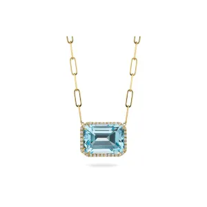 18kt Yellow Gold Diamond Necklace with Sky Blue Topaz on Paper Clip Chain