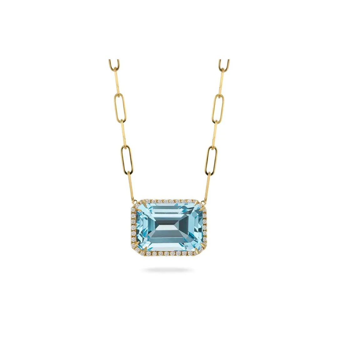 18kt Yellow Gold Diamond Necklace with Sky Blue Topaz on Paper Clip Chain