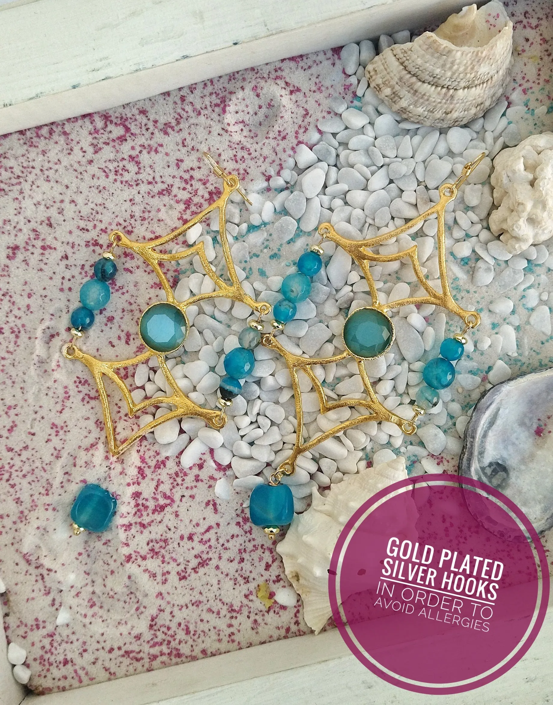 24k Gold Geometric Earrings, Extra Long Blue Jade Earrings