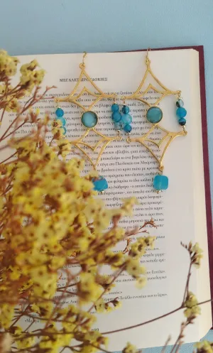 24k Gold Geometric Earrings, Extra Long Blue Jade Earrings