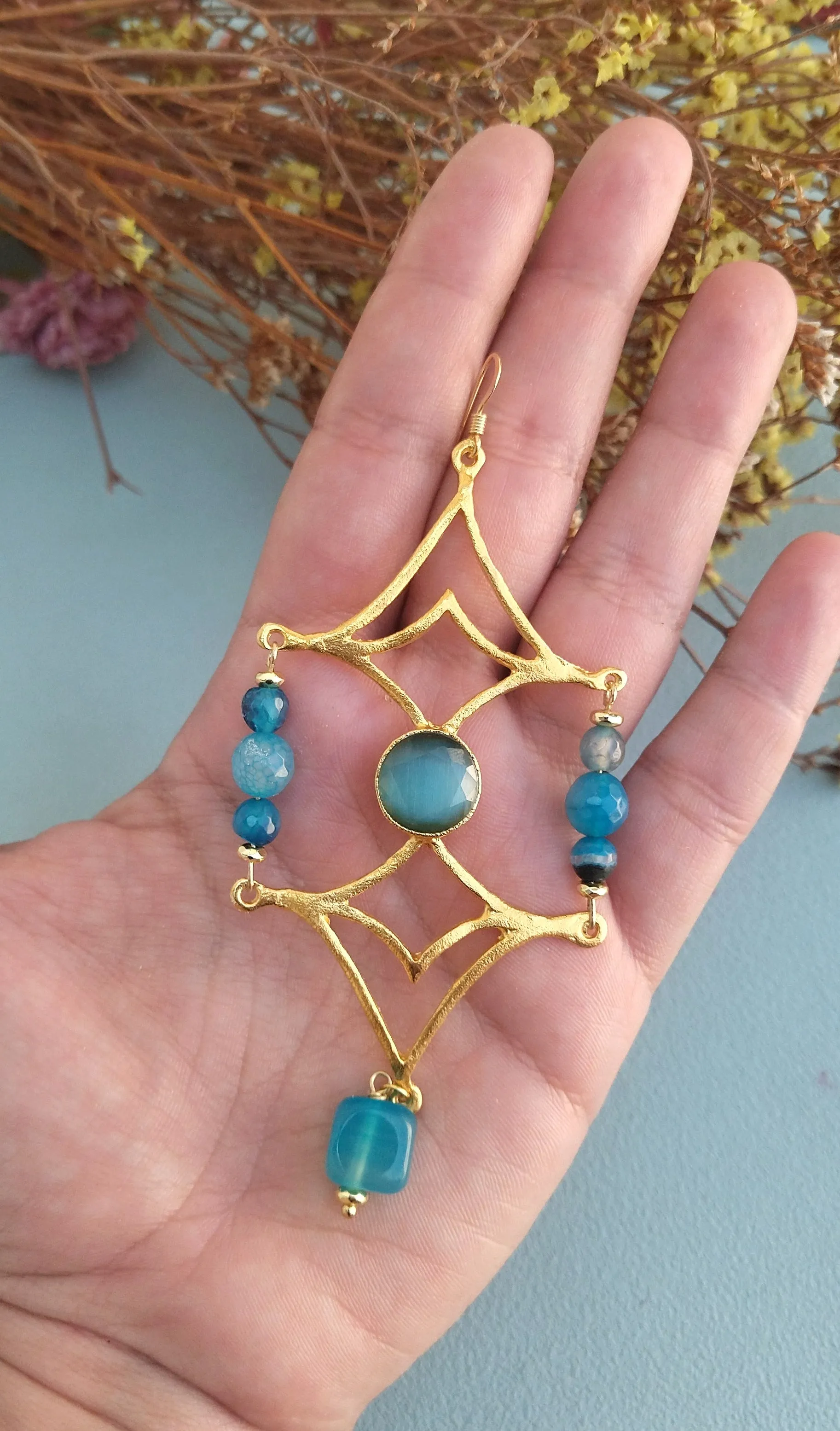 24k Gold Geometric Earrings, Extra Long Blue Jade Earrings