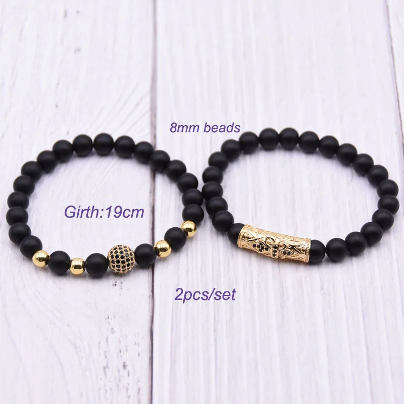 8mm Black Frosted Stone Micro-Inlaid Zircon Bracelet Natural Stone Set Elastic Bracelet