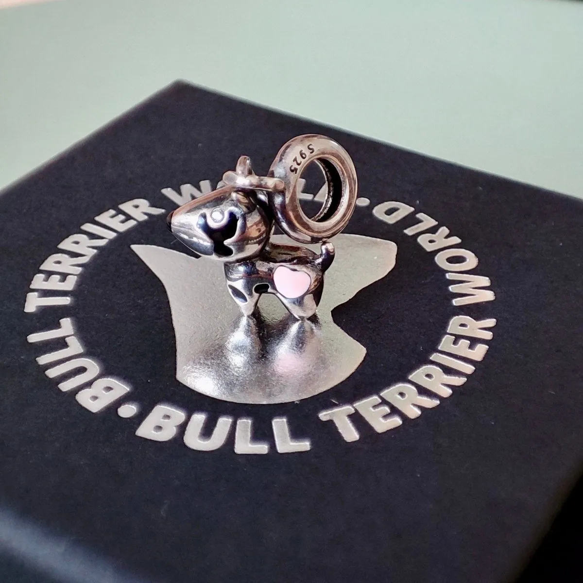 925 Sterling Silver Bull Terrier Charm With Pink Heart