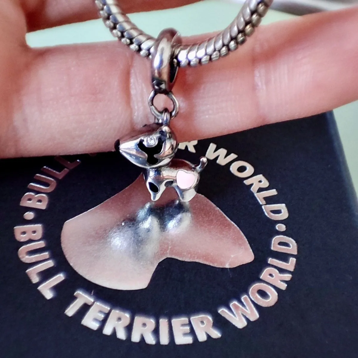 925 Sterling Silver Bull Terrier Charm With Pink Heart