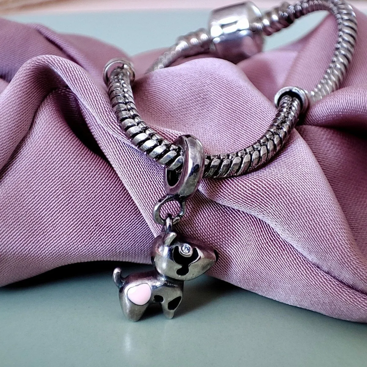 925 Sterling Silver Bull Terrier Charm With Pink Heart