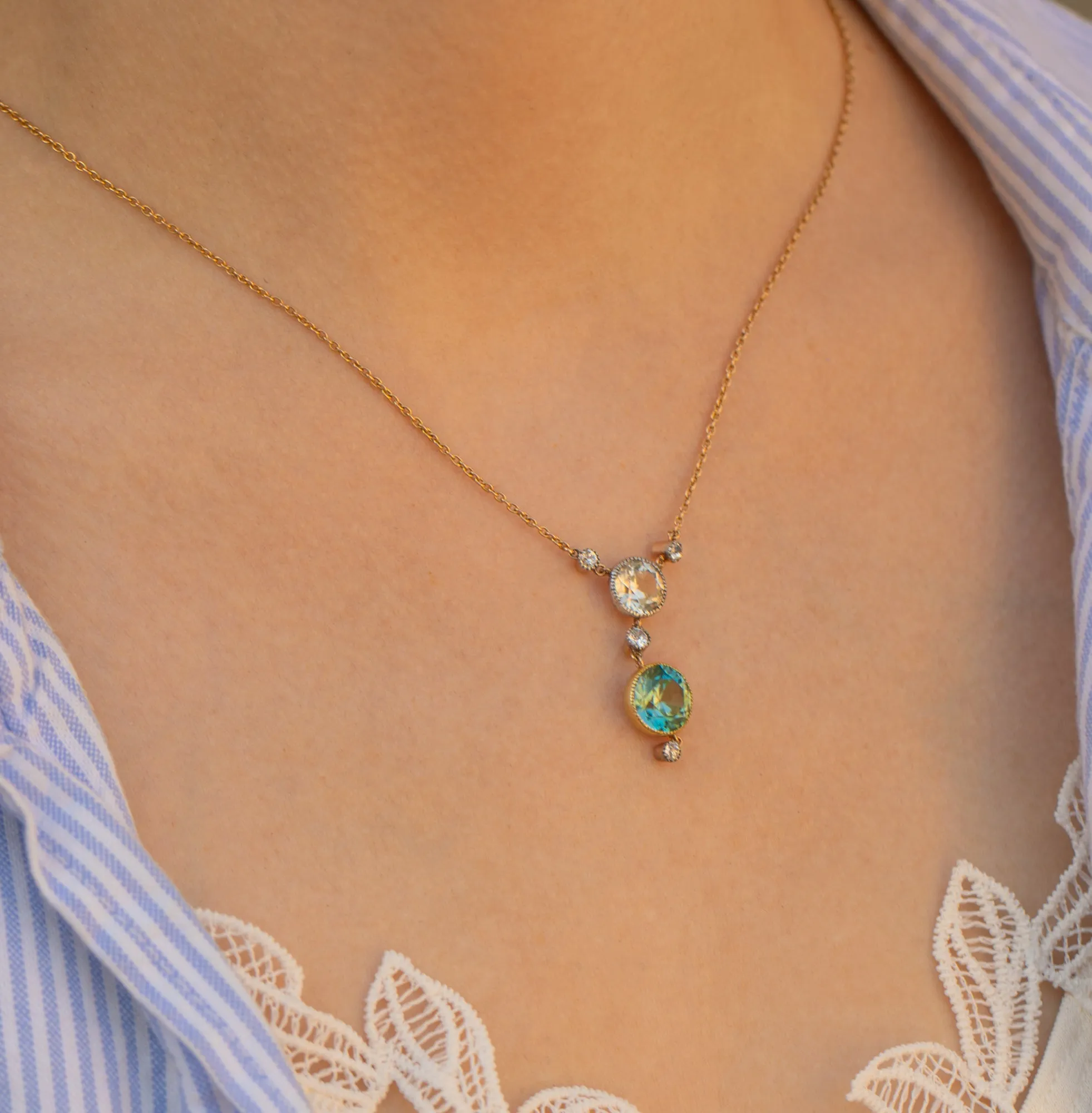 Antique 15ct Gold Blue Zircon Drop Necklace, 4.30ct Zircon