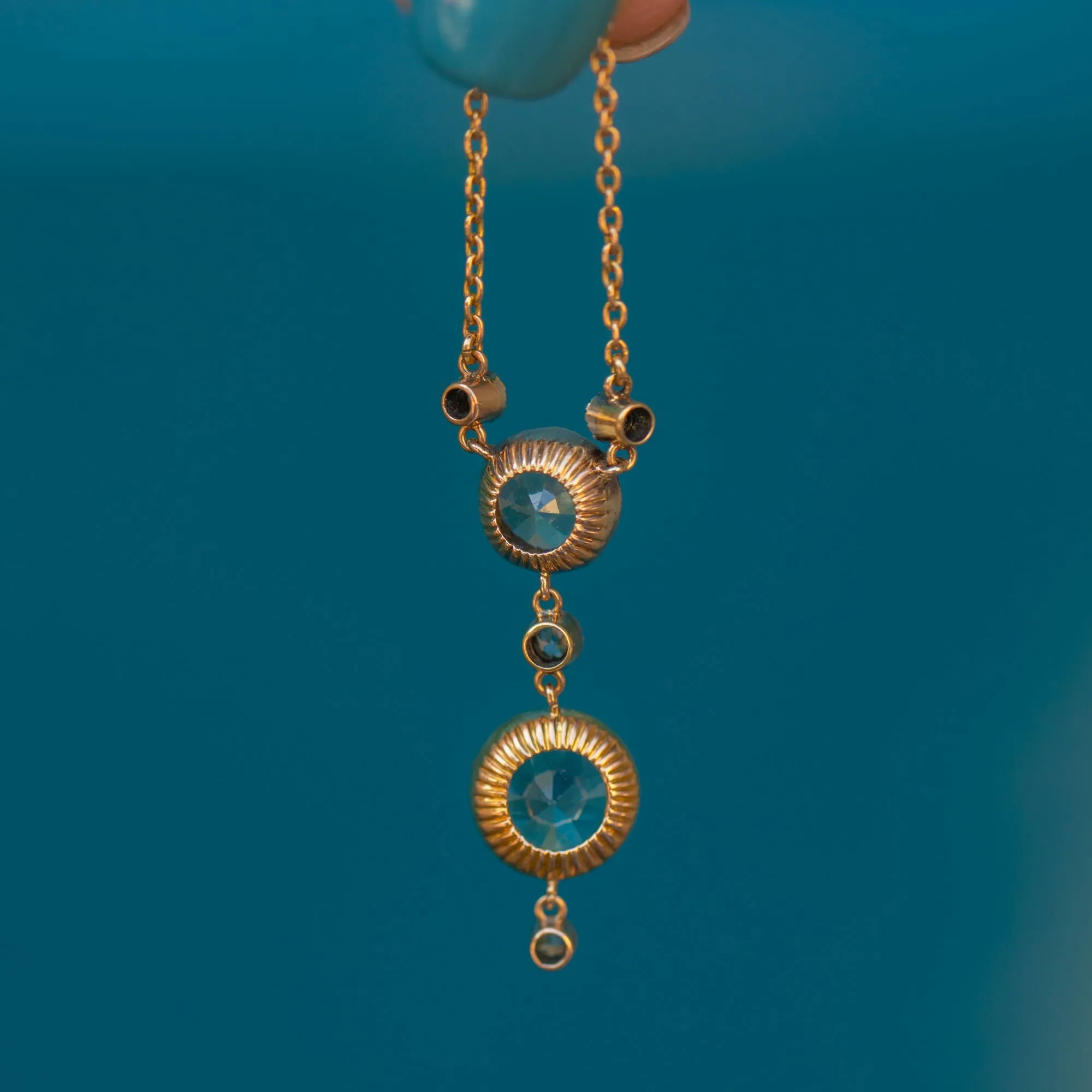 Antique 15ct Gold Blue Zircon Drop Necklace, 4.30ct Zircon