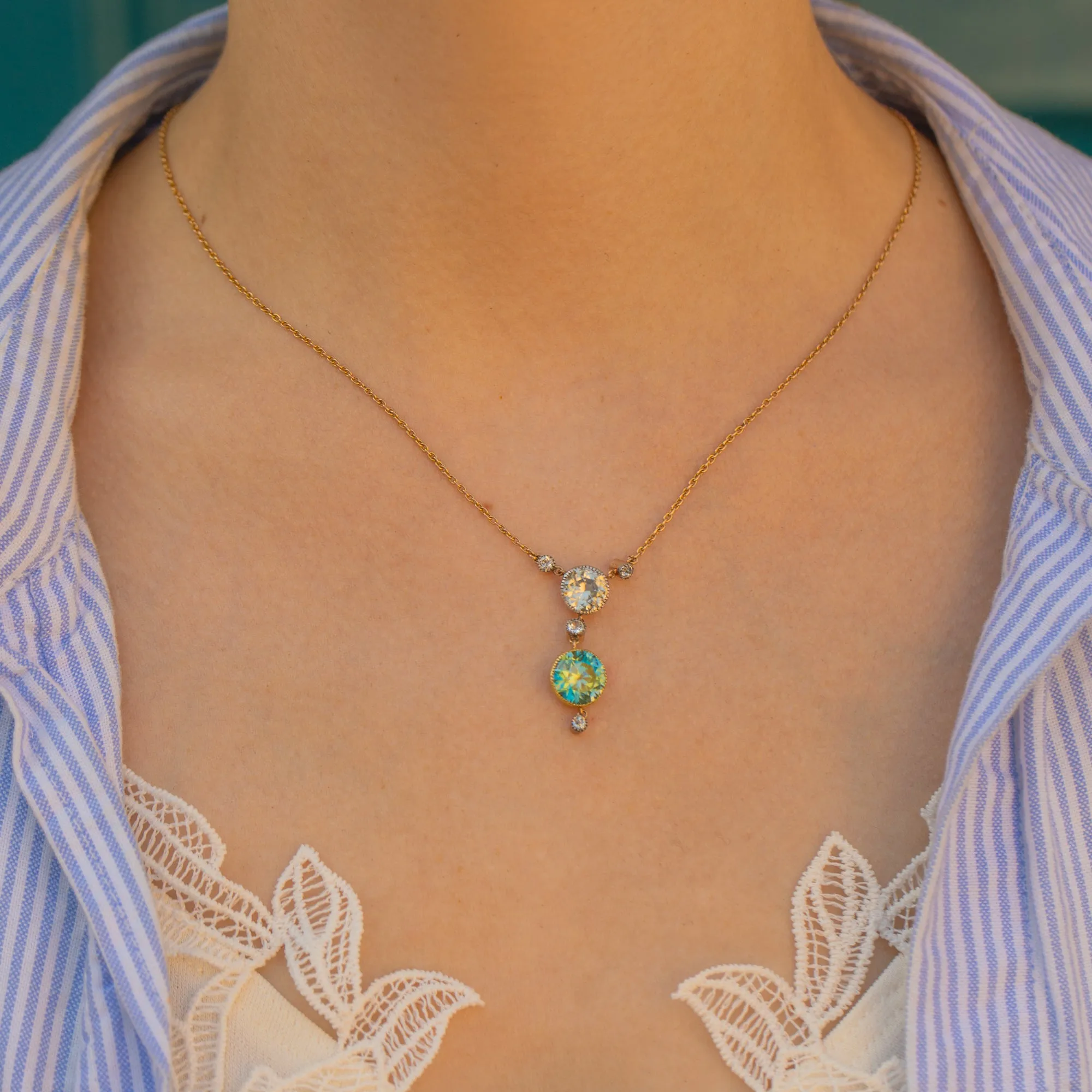 Antique 15ct Gold Blue Zircon Drop Necklace, 4.30ct Zircon