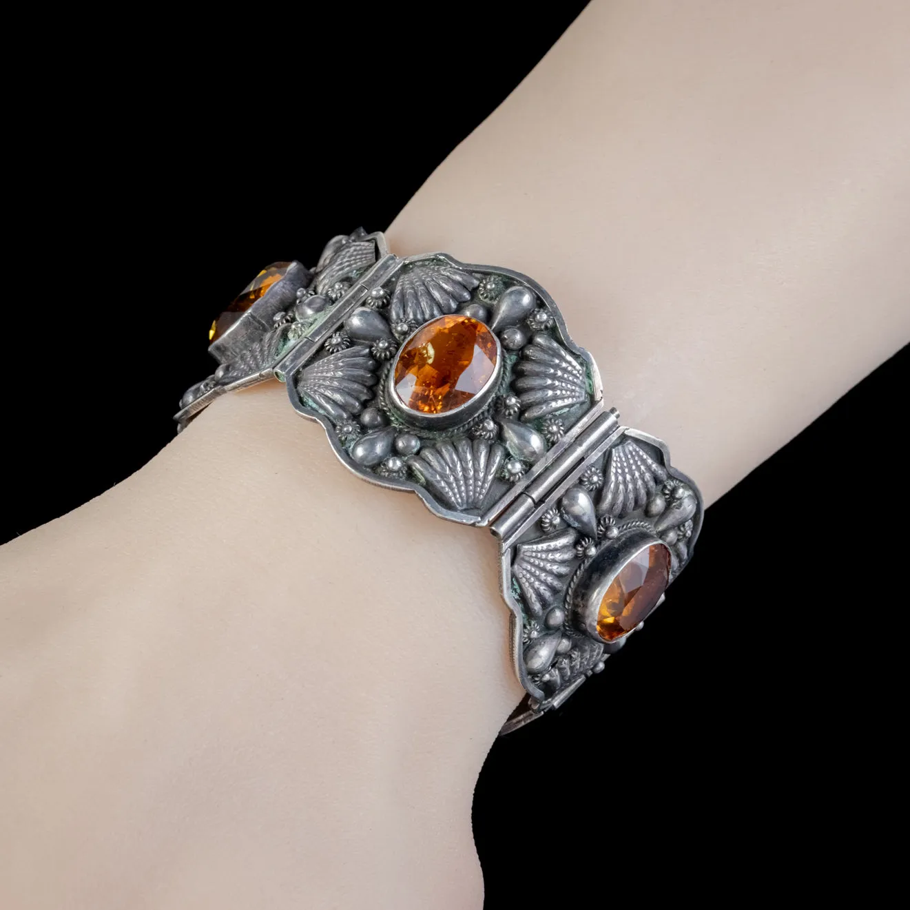 Antique Victorian Celtic Citrine Cuff Bracelet Silver 50Ct Citrines Circa 1870