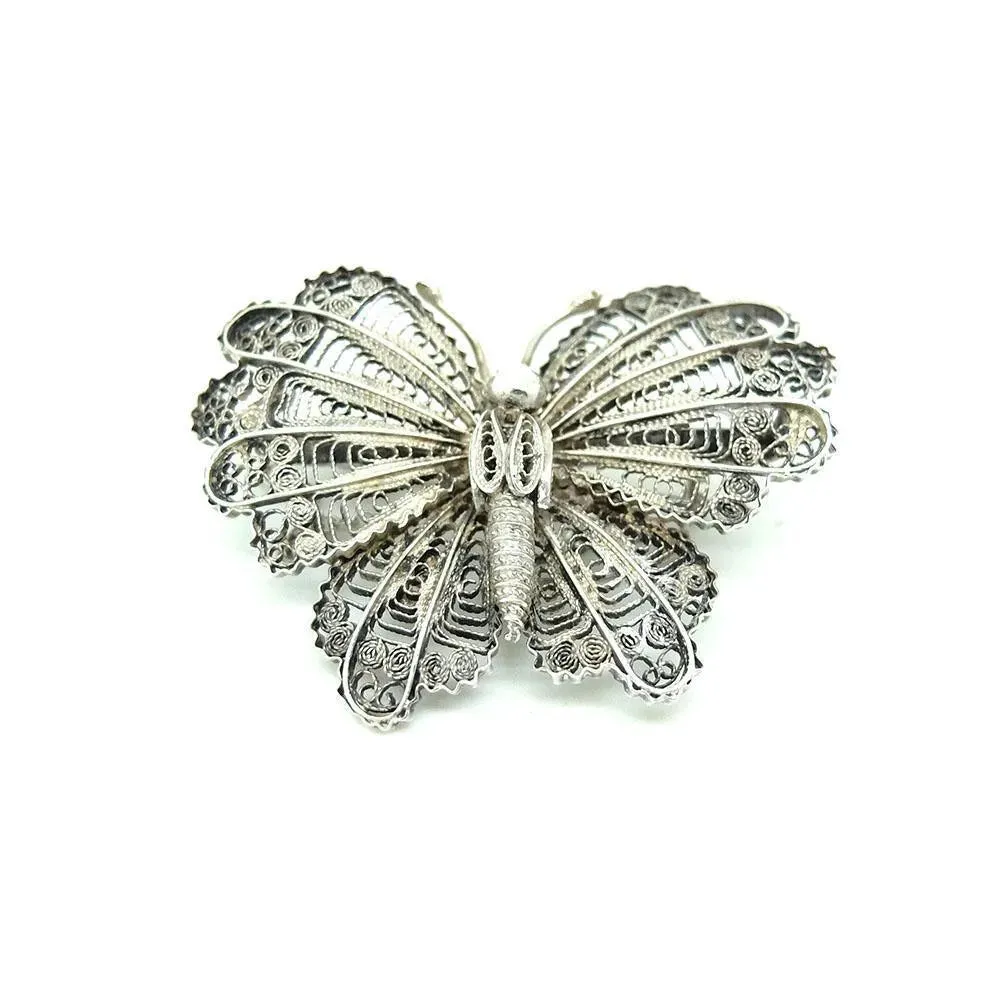 Antique Victorian Filigree Moth Butterfly Silver Brooch