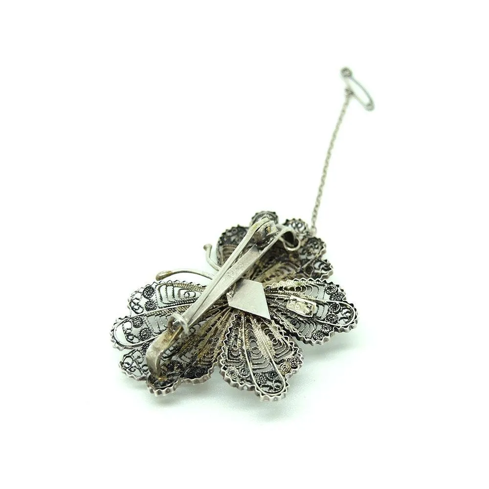 Antique Victorian Filigree Moth Butterfly Silver Brooch