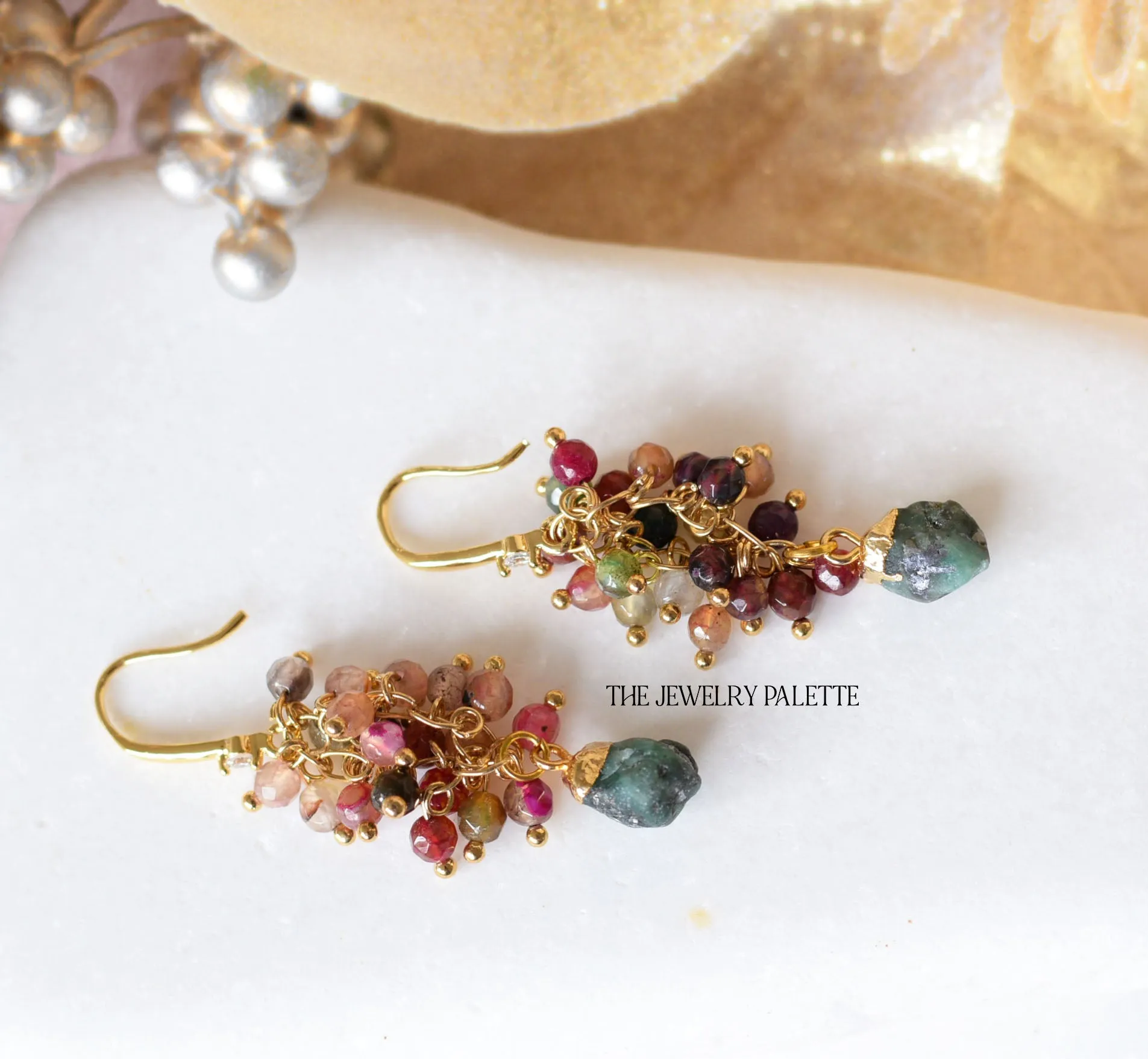 Asna multi gemstone cluster with gold edged ruby drop earrings