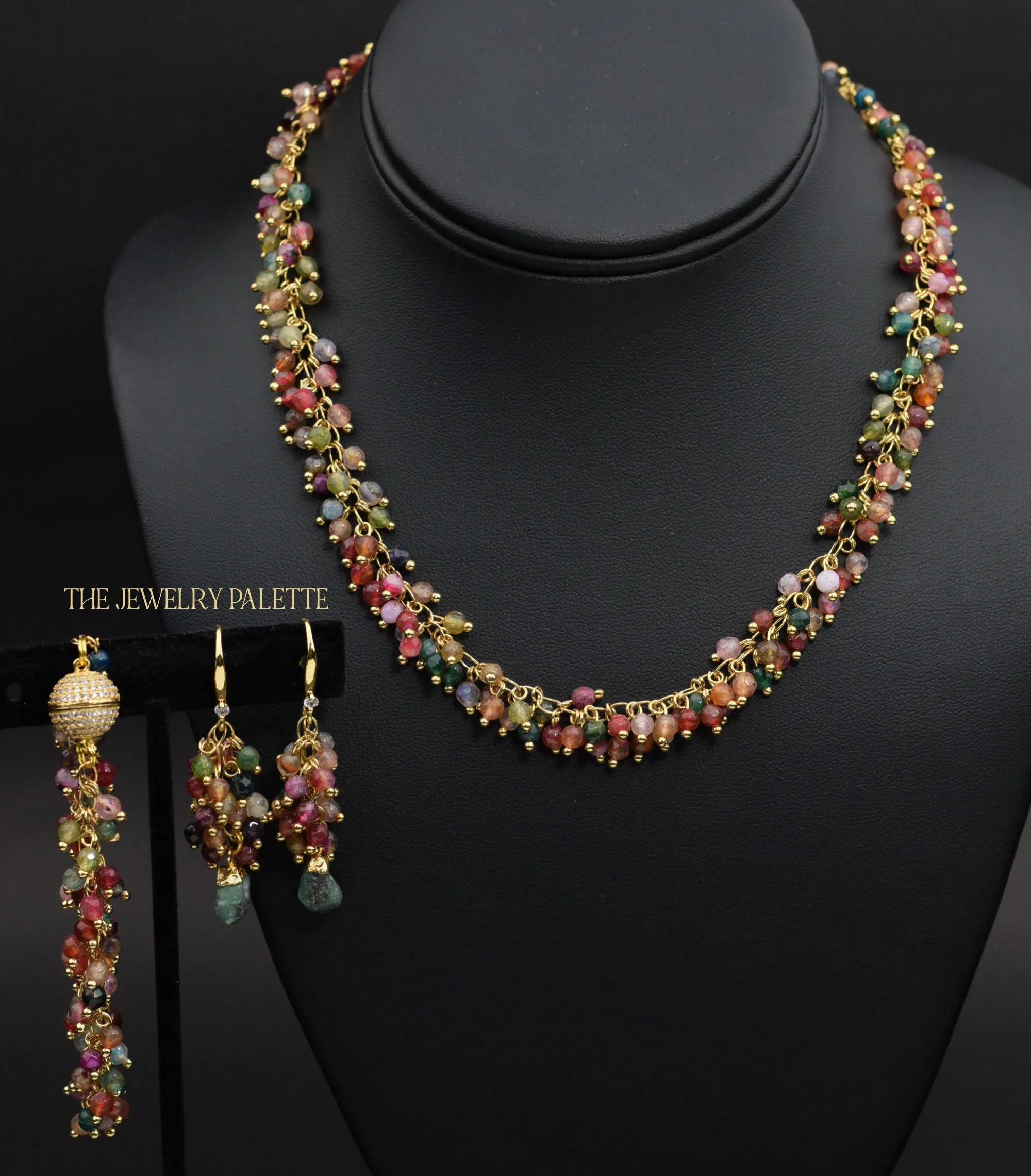 Asna multi gemstone cluster with gold edged ruby drop earrings