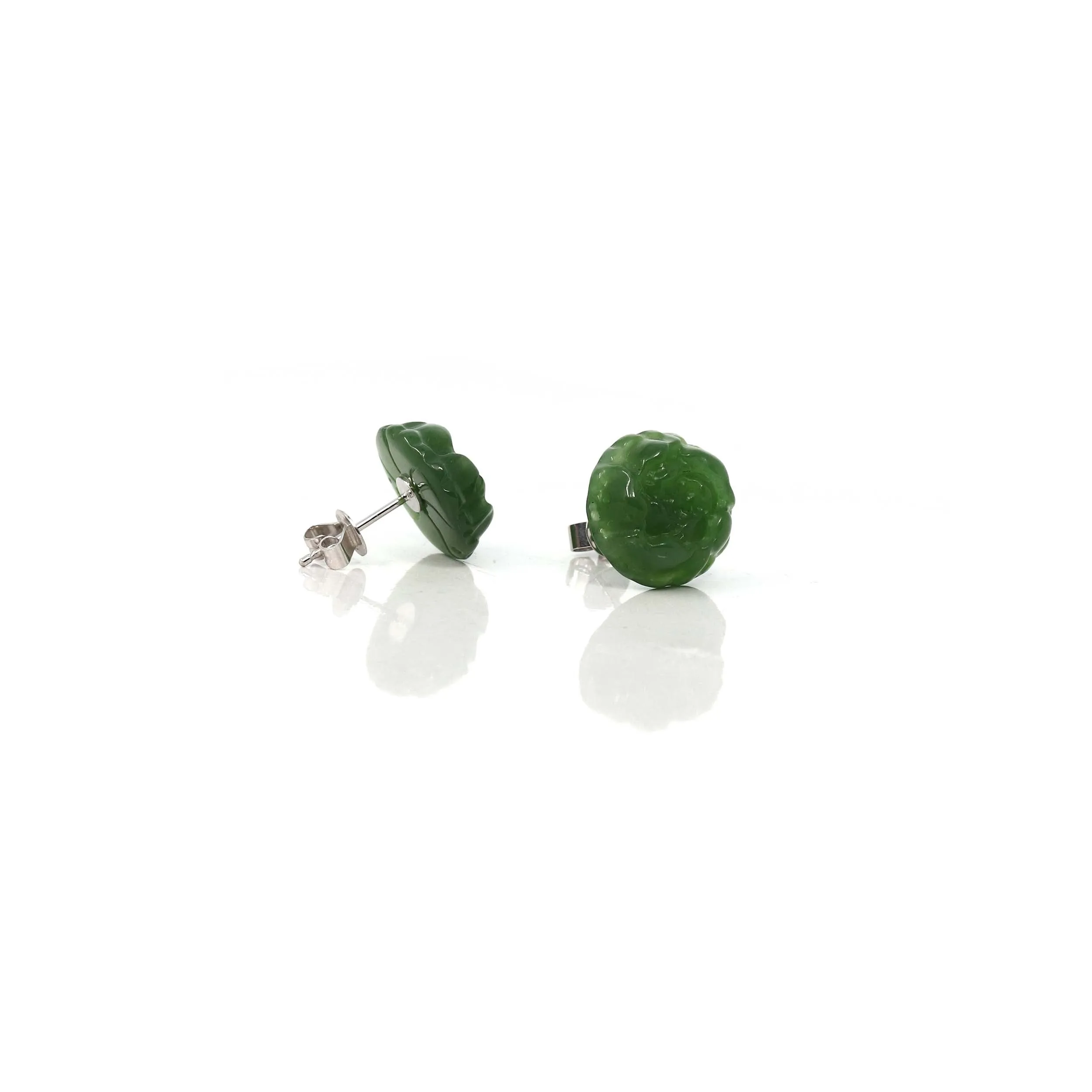 Baikalla™ "Peony Flowers" 14k Solid Gold Real Green Jade Peony Flower Earrings
