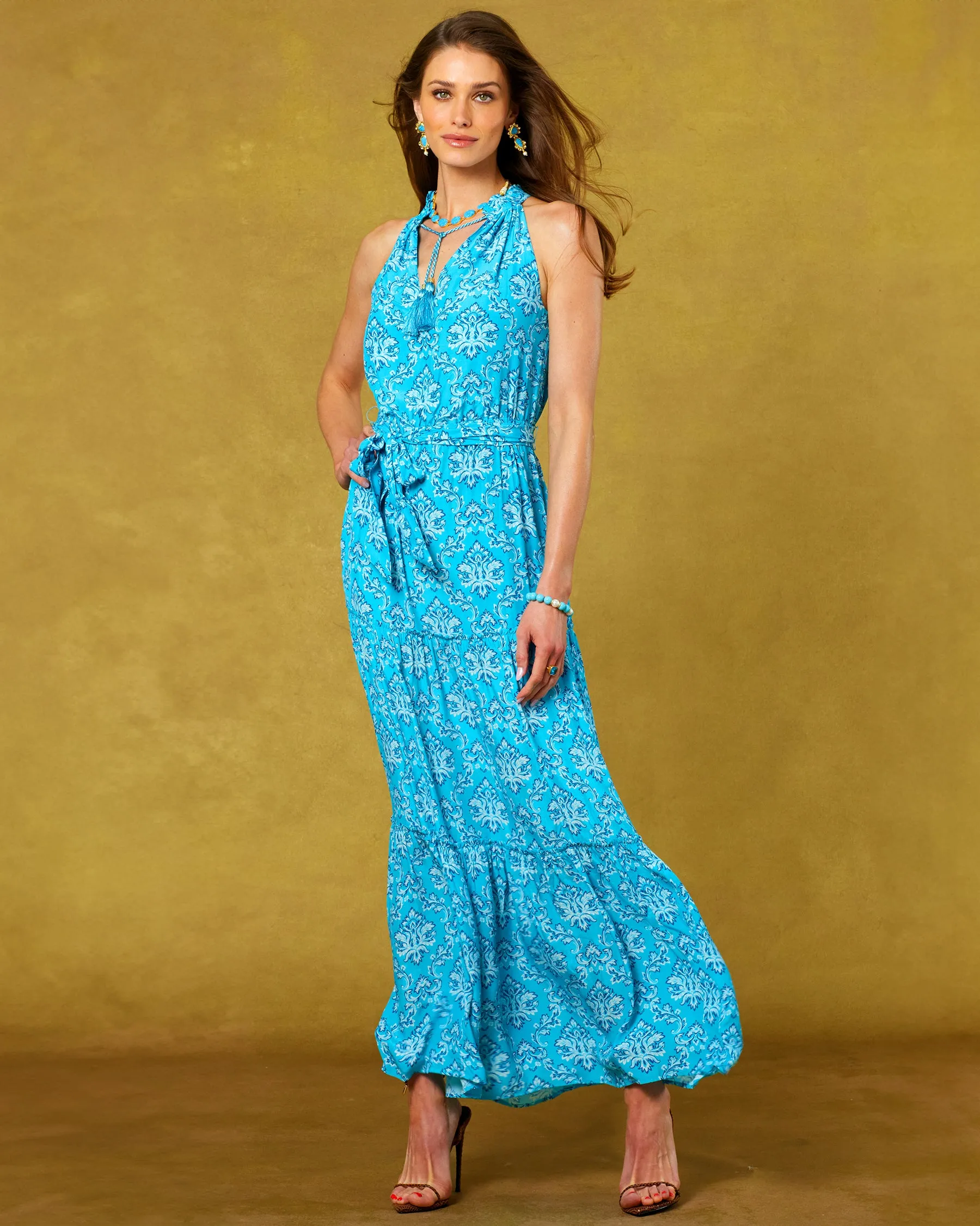 Bailey Halterneck Maxi Dress in Turquoise Baroque Florals