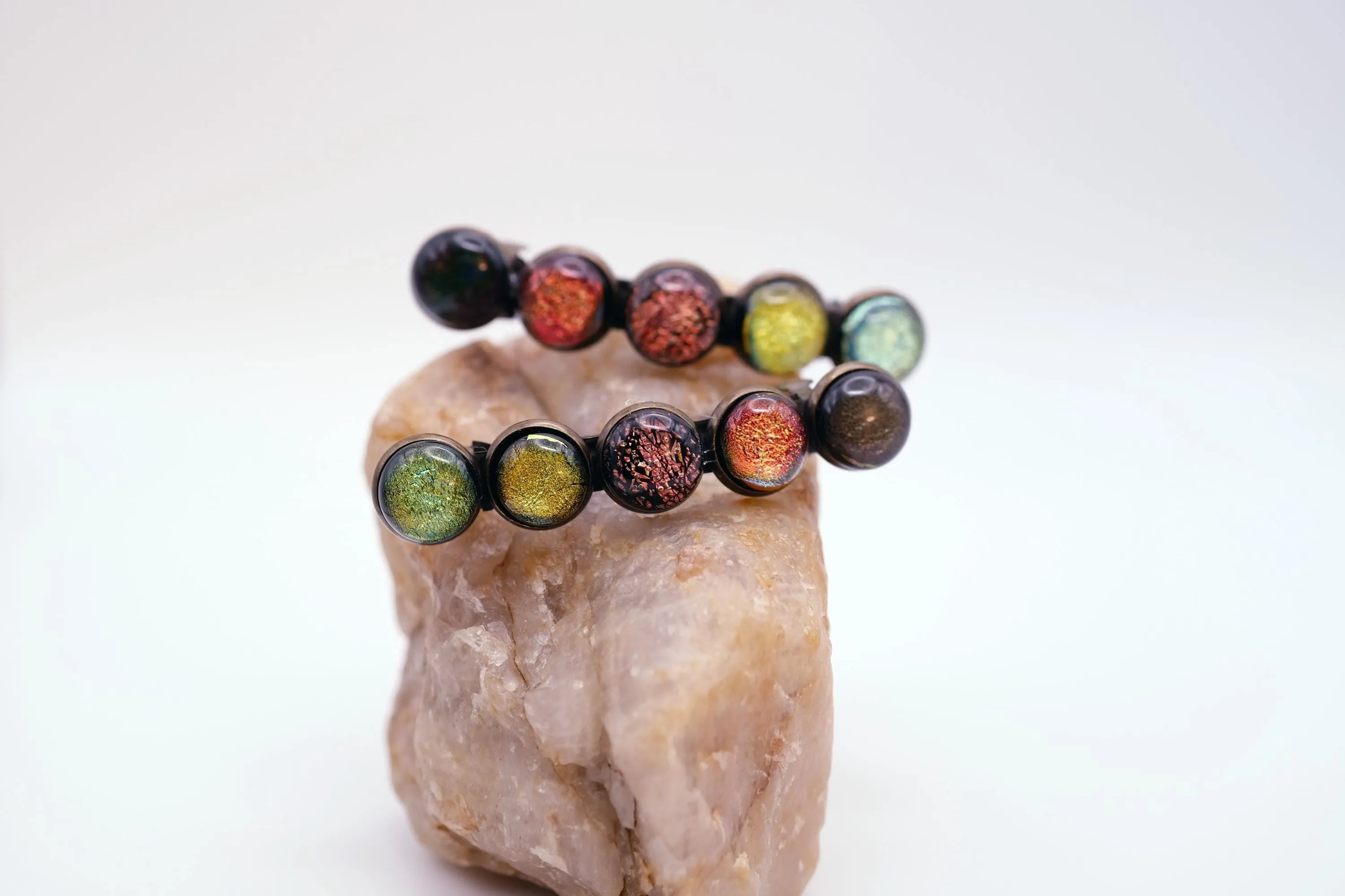 Barrette pair, bronze colored with 5 earth toned fused glass cabochons, french clip, 2 3/4 inches