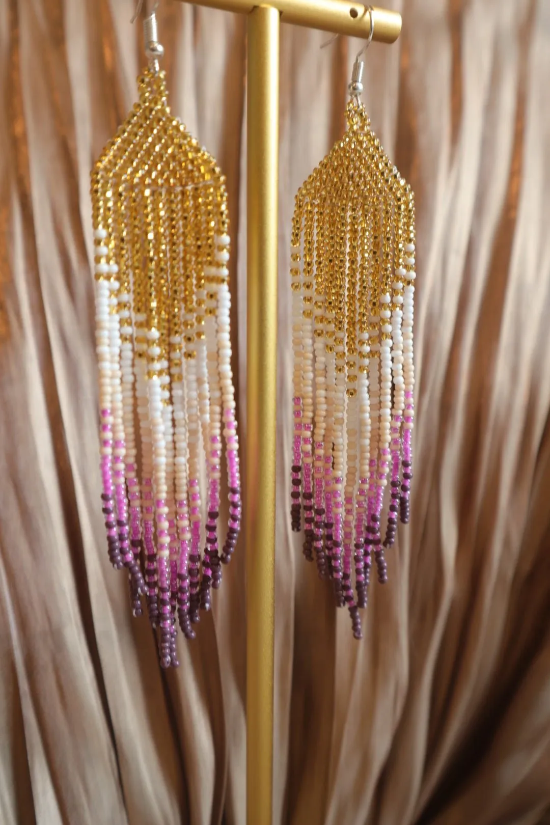 Beaded Chandelier Earrings - Gold, White and Purples