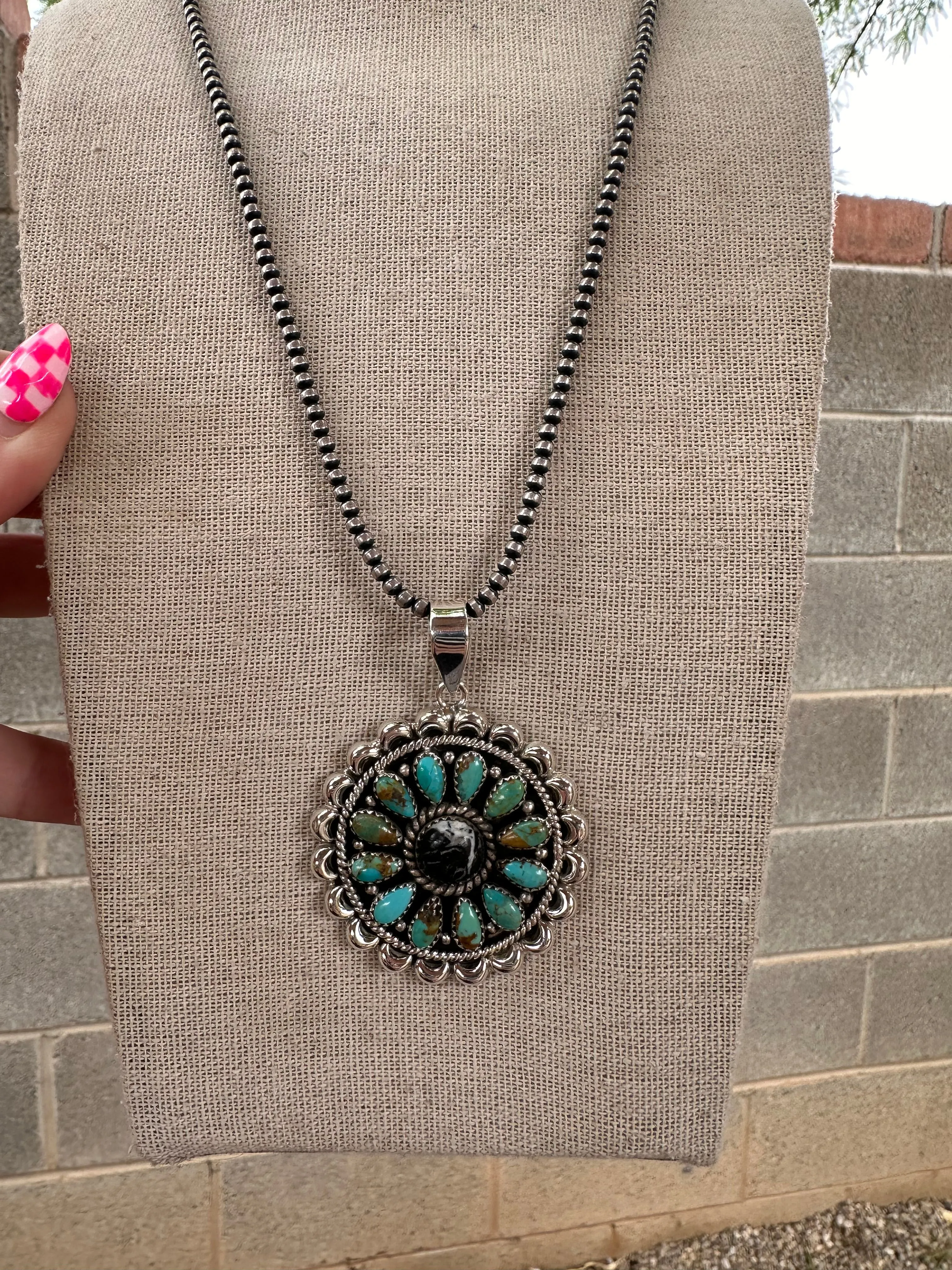 Beautiful Handmade Sterling Silver, White Buffalo & Turquoise Cluster Pendant