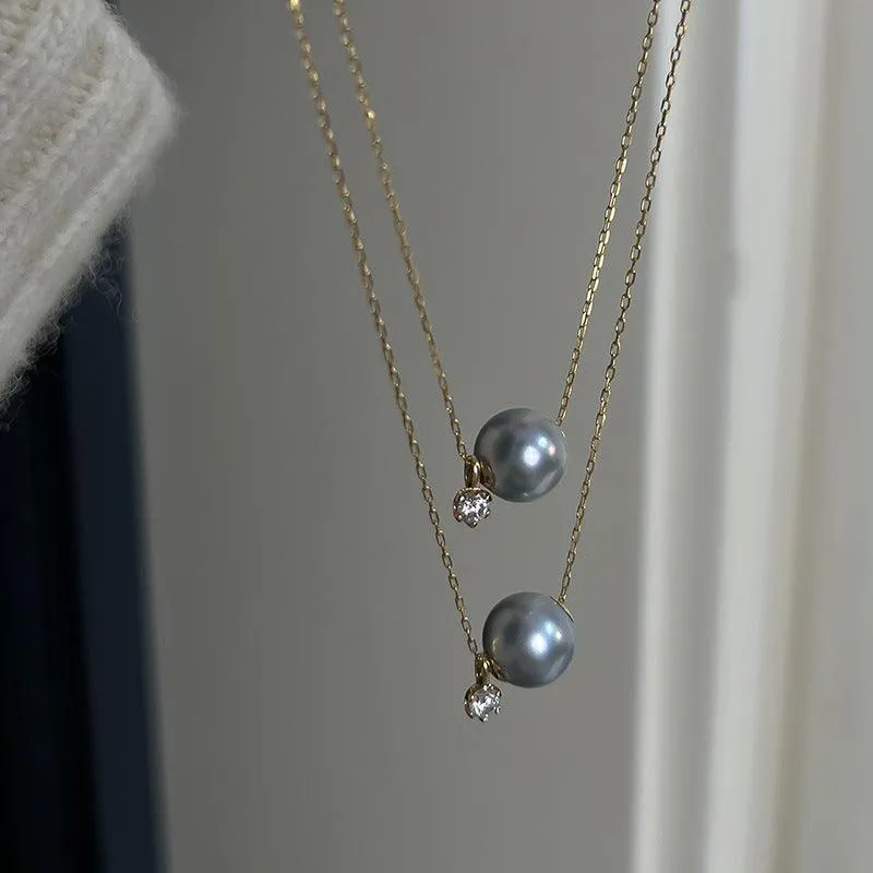 Blue Grey Akoya Pearl Necklace with Zircon 18K Gold