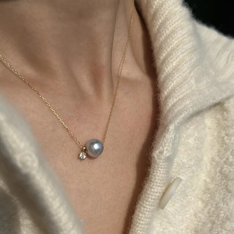 Blue Grey Akoya Pearl Necklace with Zircon 18K Gold