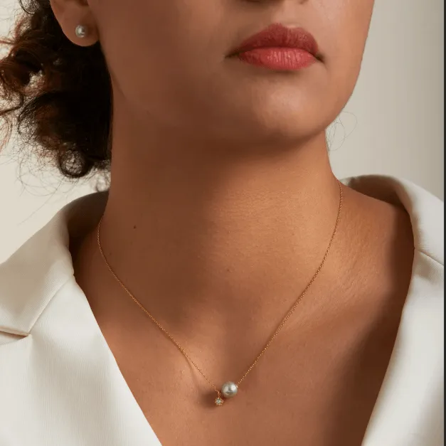 Blue Grey Akoya Pearl Necklace with Zircon 18K Gold