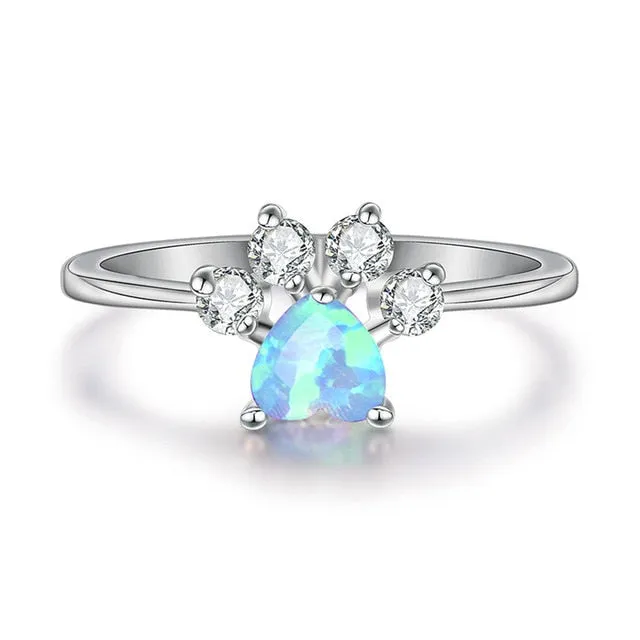 Blue Opal, White Opal, or Multi Stone Paw Heart Ring