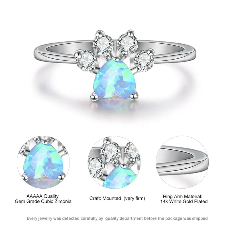 Blue Opal, White Opal, or Multi Stone Paw Heart Ring