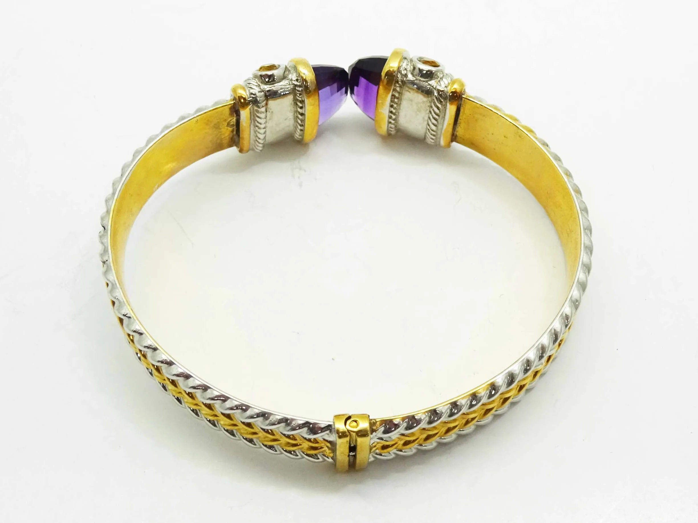 Burdick Amethyst & Citrine Two-Tone Hinged Bangle Weave Cuff Bracelet 14k Gold