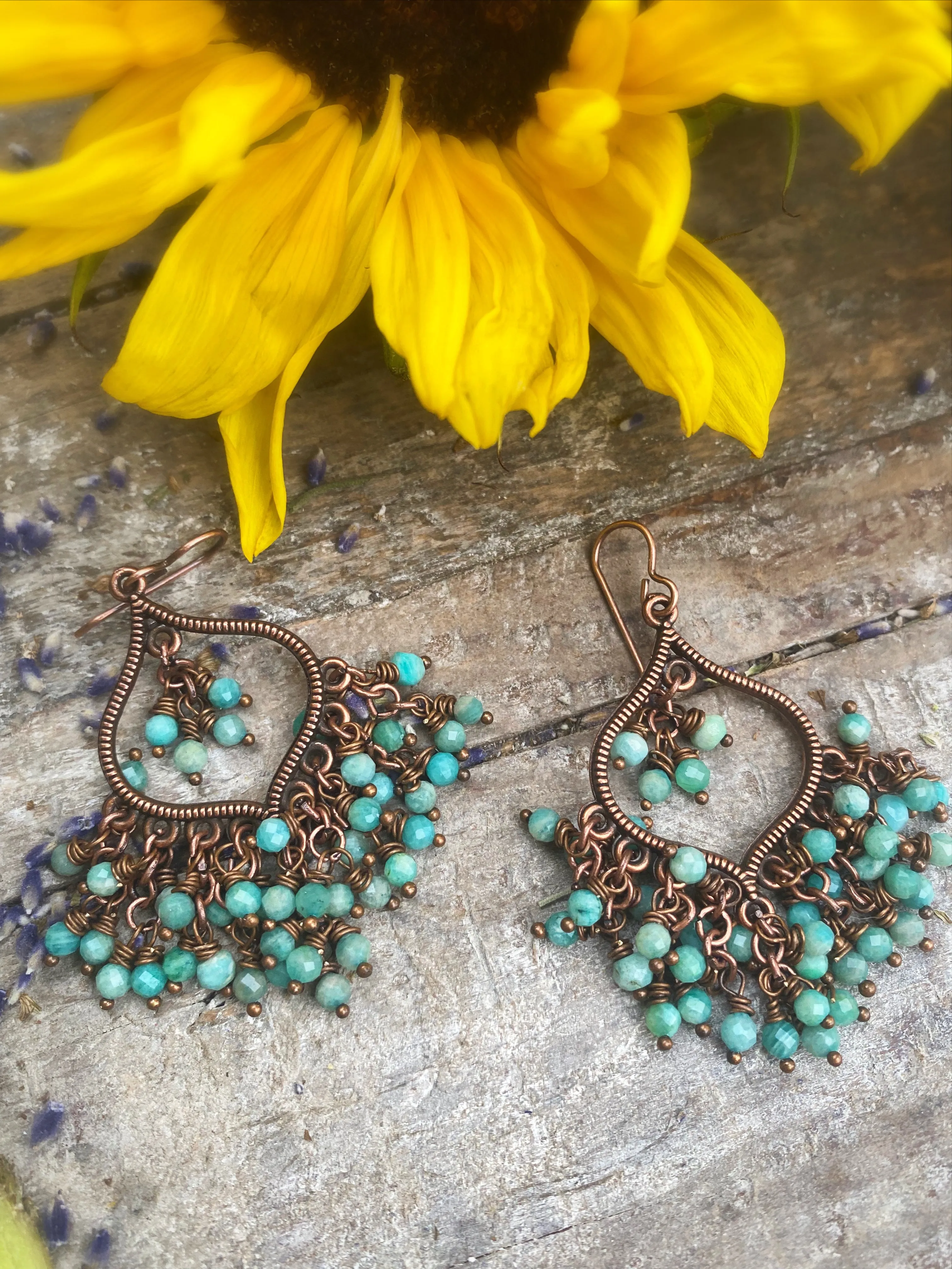 Chandeliers. Amazonite stone, copper metal earrings.