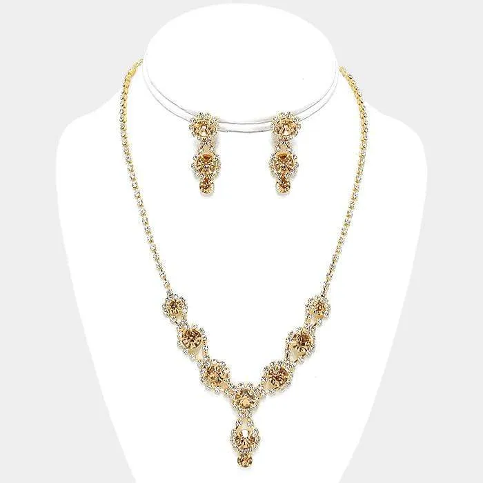 Crystal Rhinestone Necklace in Topaz/Gold/Clear Bubble Link with Matching Earrings