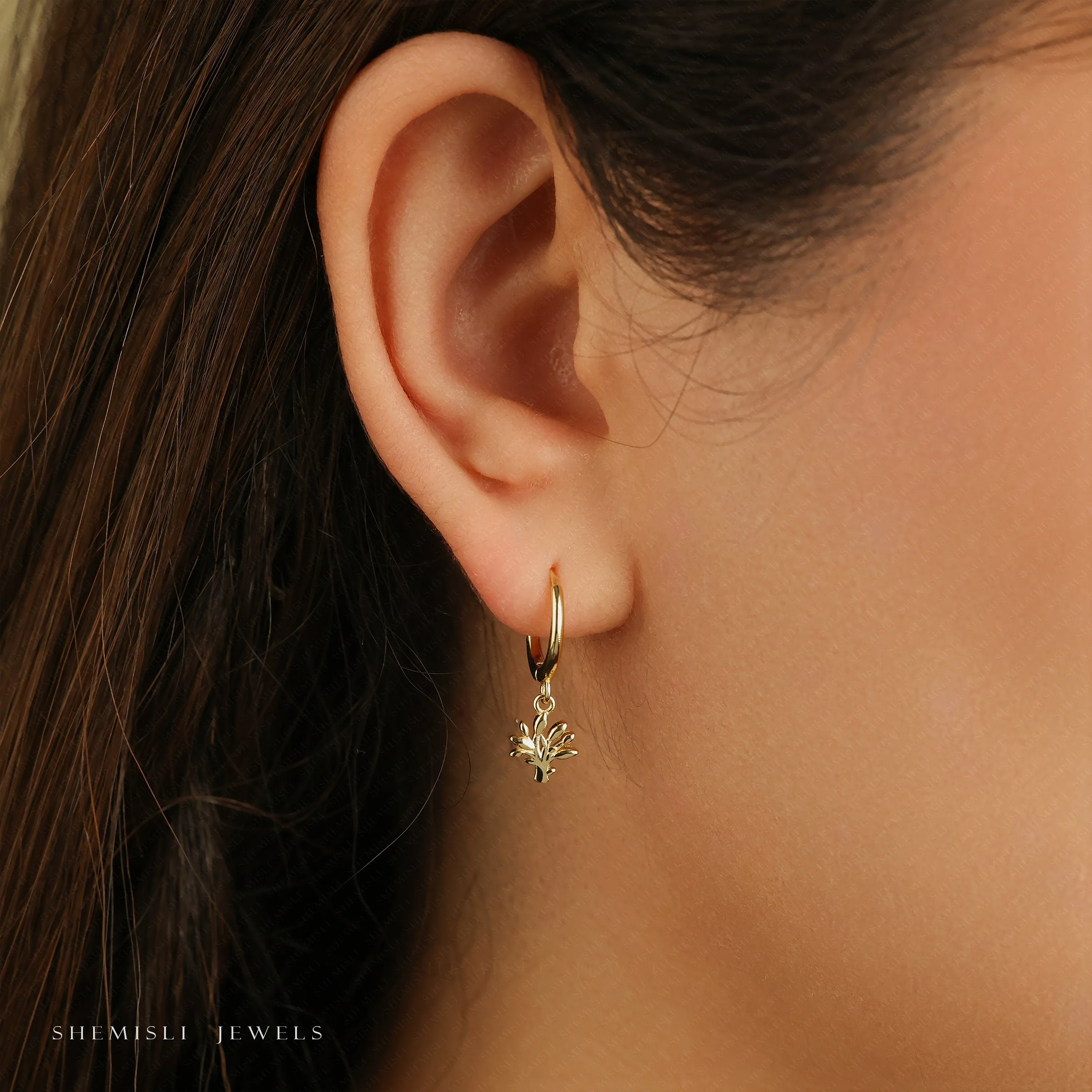 Dainty Tree Dangle Hoop Earrings, Unisex, Gold, Silver SHEMISLI SH672