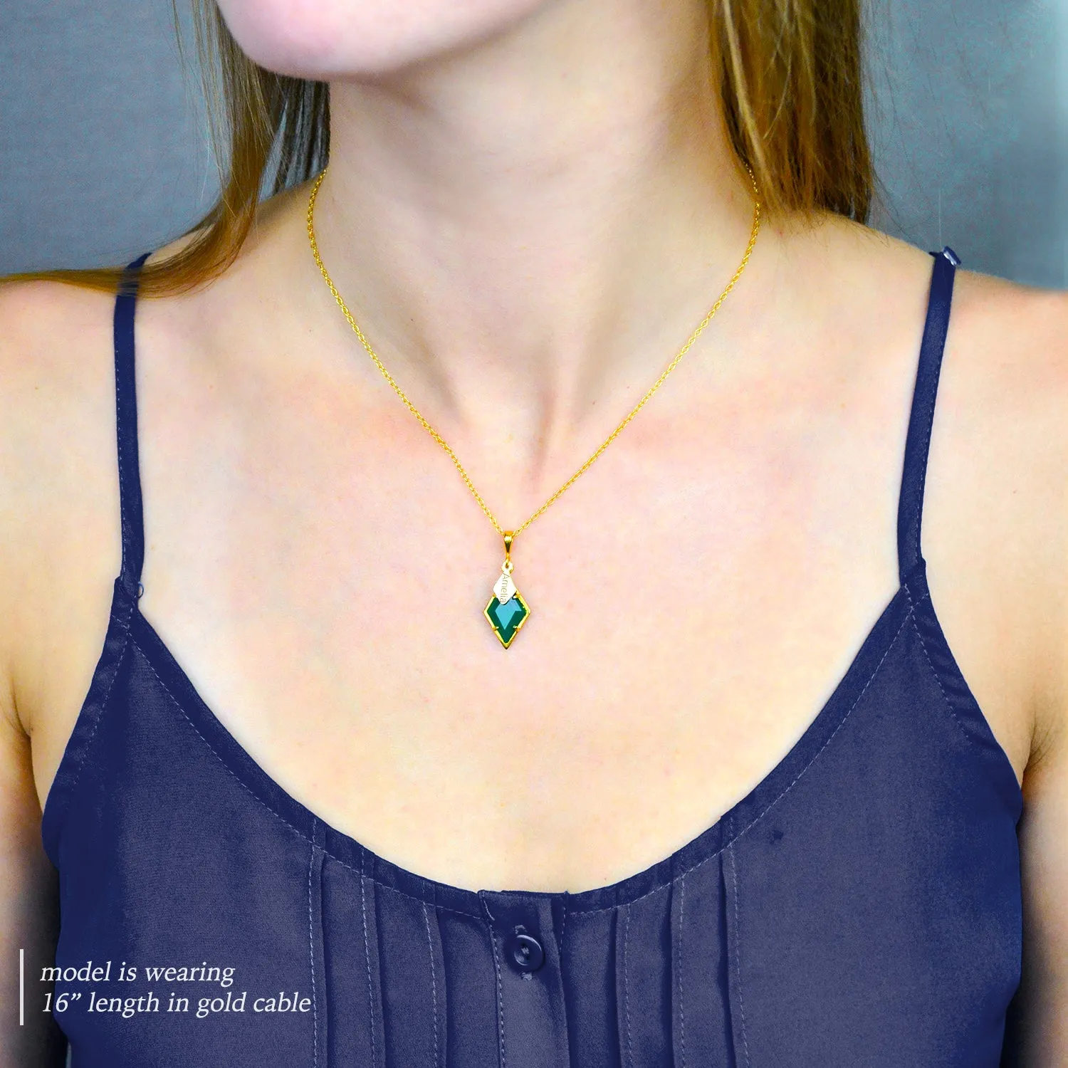 Diamond Shaped Birthstone and Name Necklace : October Pink Chalcedony