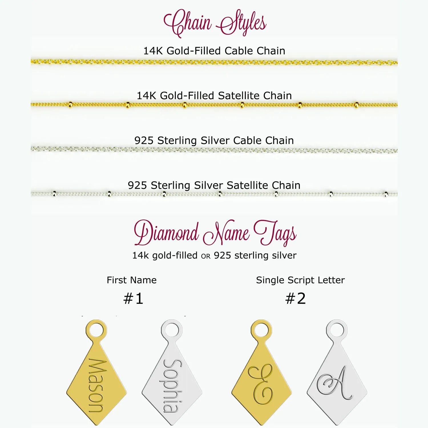 Diamond Shaped Birthstone and Name Necklace : October Pink Chalcedony
