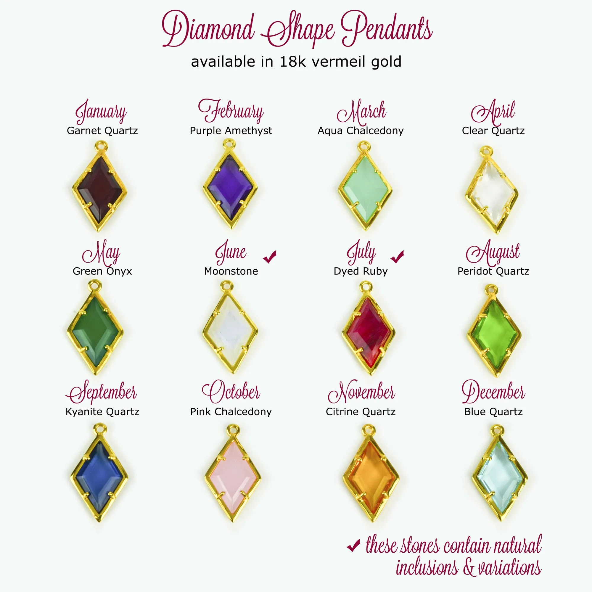 Diamond Shaped Birthstone and Name Necklace : October Pink Chalcedony