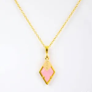Diamond Shaped Birthstone and Name Necklace : October Pink Chalcedony