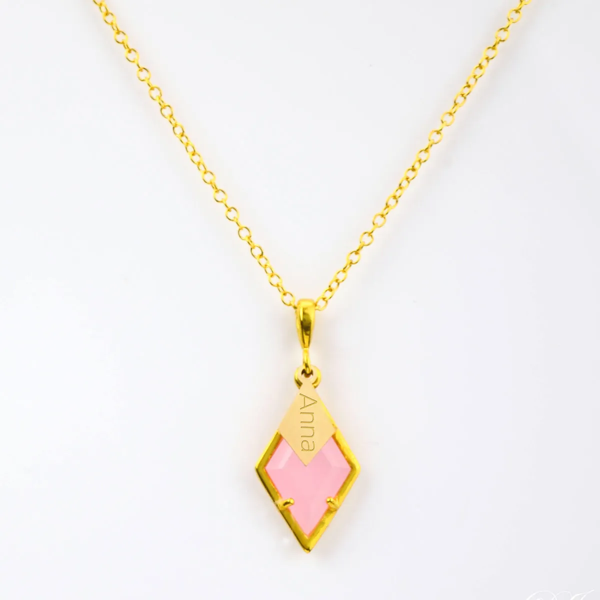 Diamond Shaped Birthstone and Name Necklace : October Pink Chalcedony