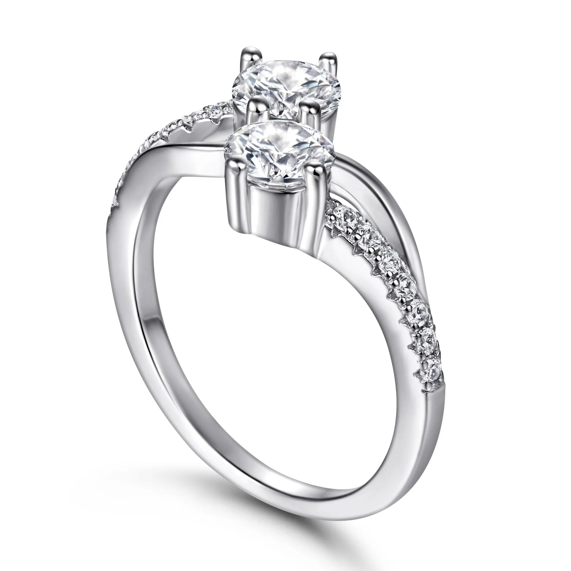 Double Round Zircon Modern Split Shank Silver Ring for Women