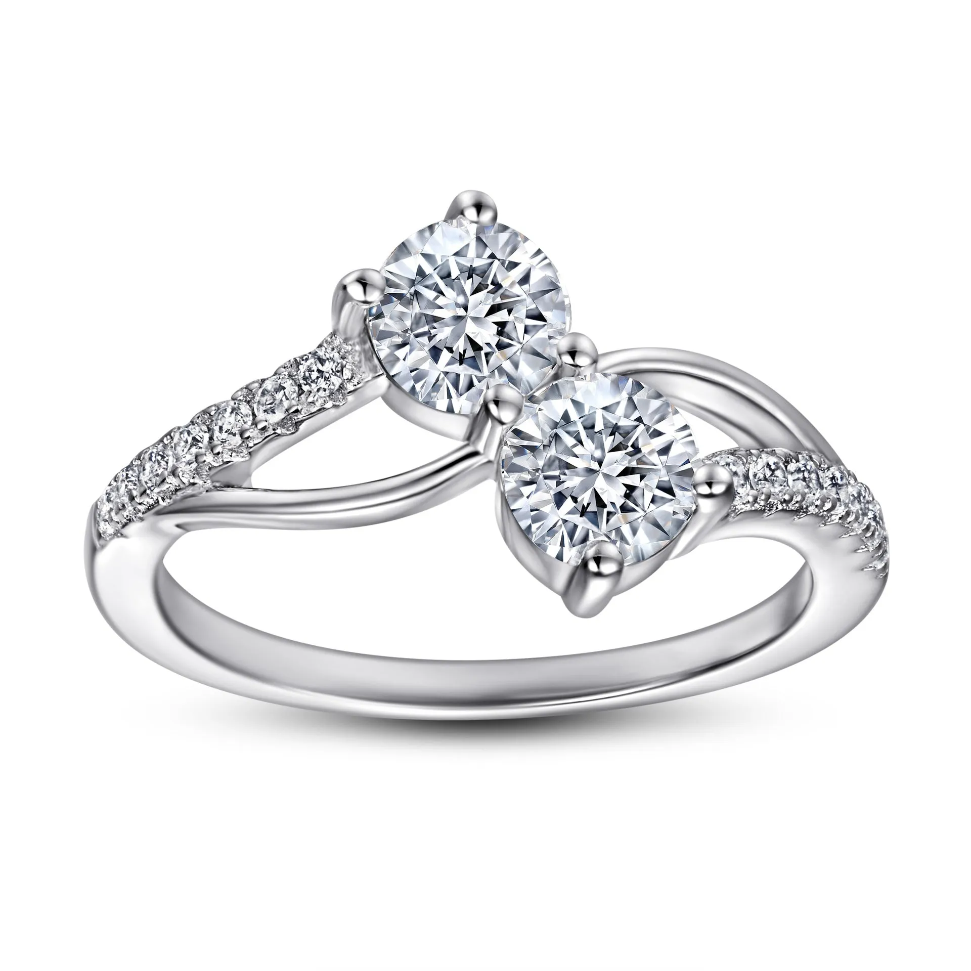 Double Round Zircon Modern Split Shank Silver Ring for Women