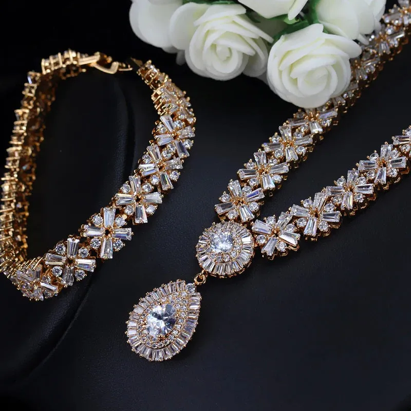 Extravagant Full Cubic Zirconia Necklace, Bracelet, and Earrings Jewelry Set