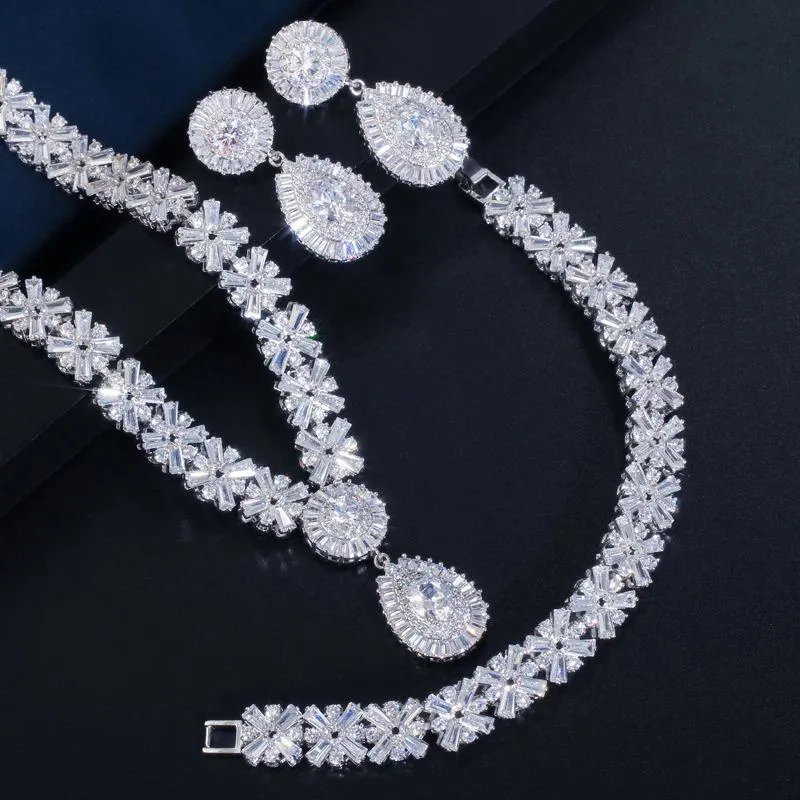 Extravagant Full Cubic Zirconia Necklace, Bracelet, and Earrings Jewelry Set