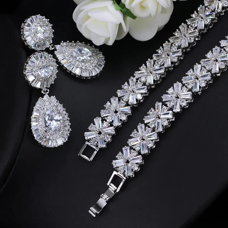 Extravagant Full Cubic Zirconia Necklace, Bracelet, and Earrings Jewelry Set