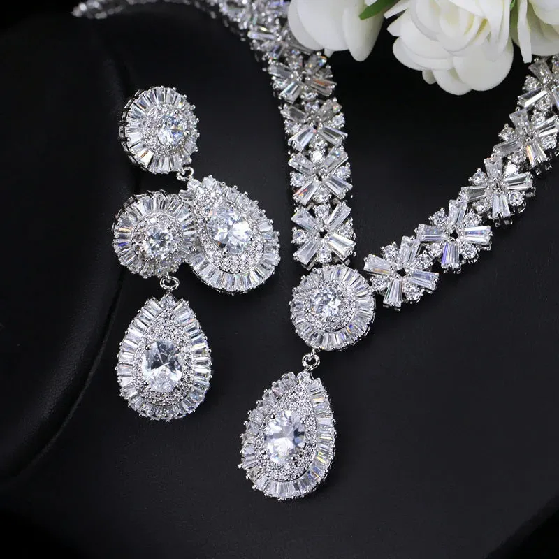 Extravagant Full Cubic Zirconia Necklace, Bracelet, and Earrings Jewelry Set