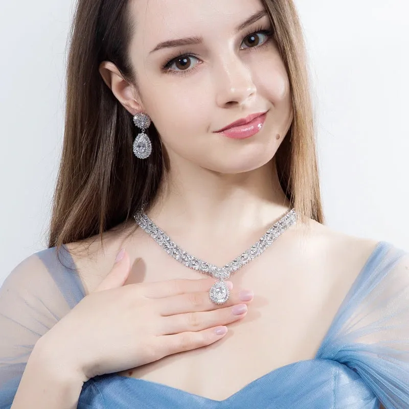 Extravagant Full Cubic Zirconia Necklace, Bracelet, and Earrings Jewelry Set