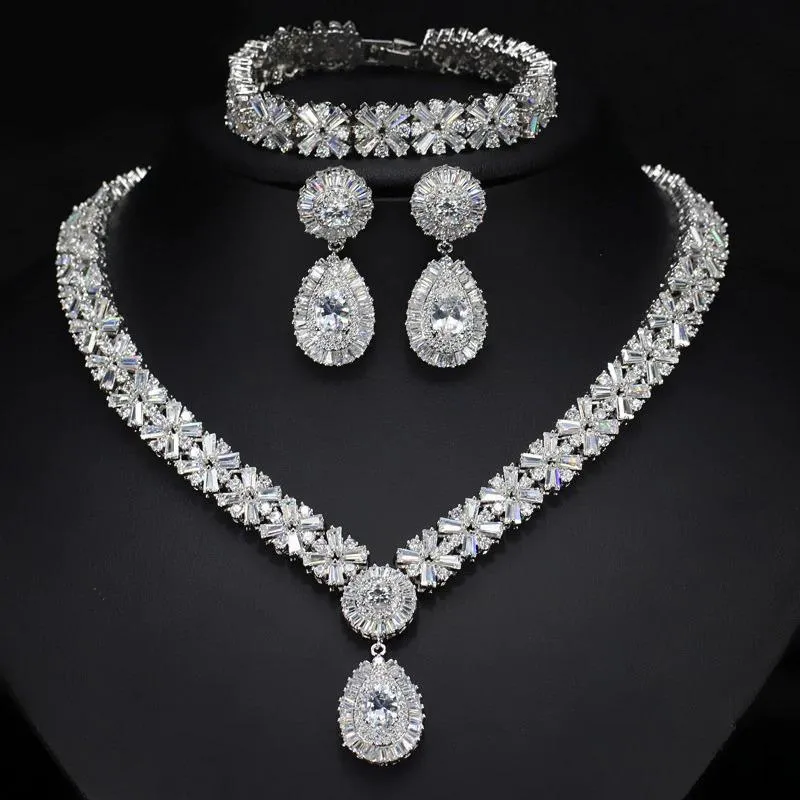 Extravagant Full Cubic Zirconia Necklace, Bracelet, and Earrings Jewelry Set