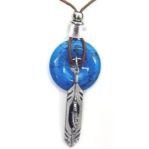 Feather Adjustable Cord Necklace with Torquoise Colored Disc