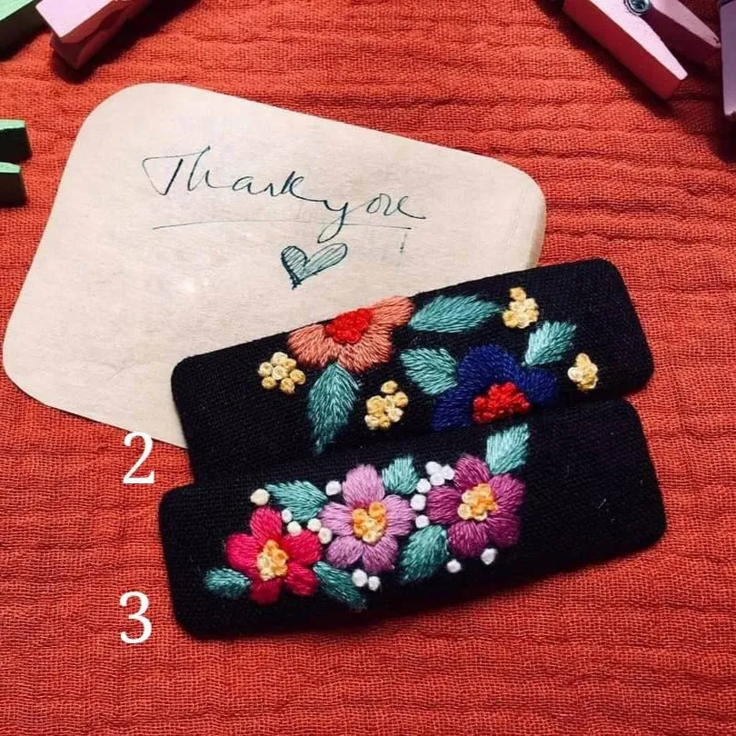 Floral Embroidered Hair Barrette, Black Collection