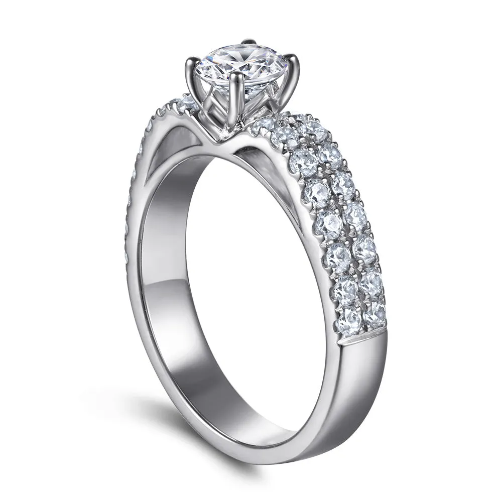 Four Prongs Round Zircon Double Row Cathedral Silver Ring for Women